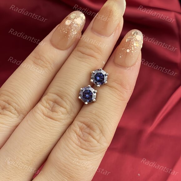 NEW Certified 2ct. Imperial Purple Moissanite 6 Prone Solitaire Stud Earrings - Picture 3 of 7
